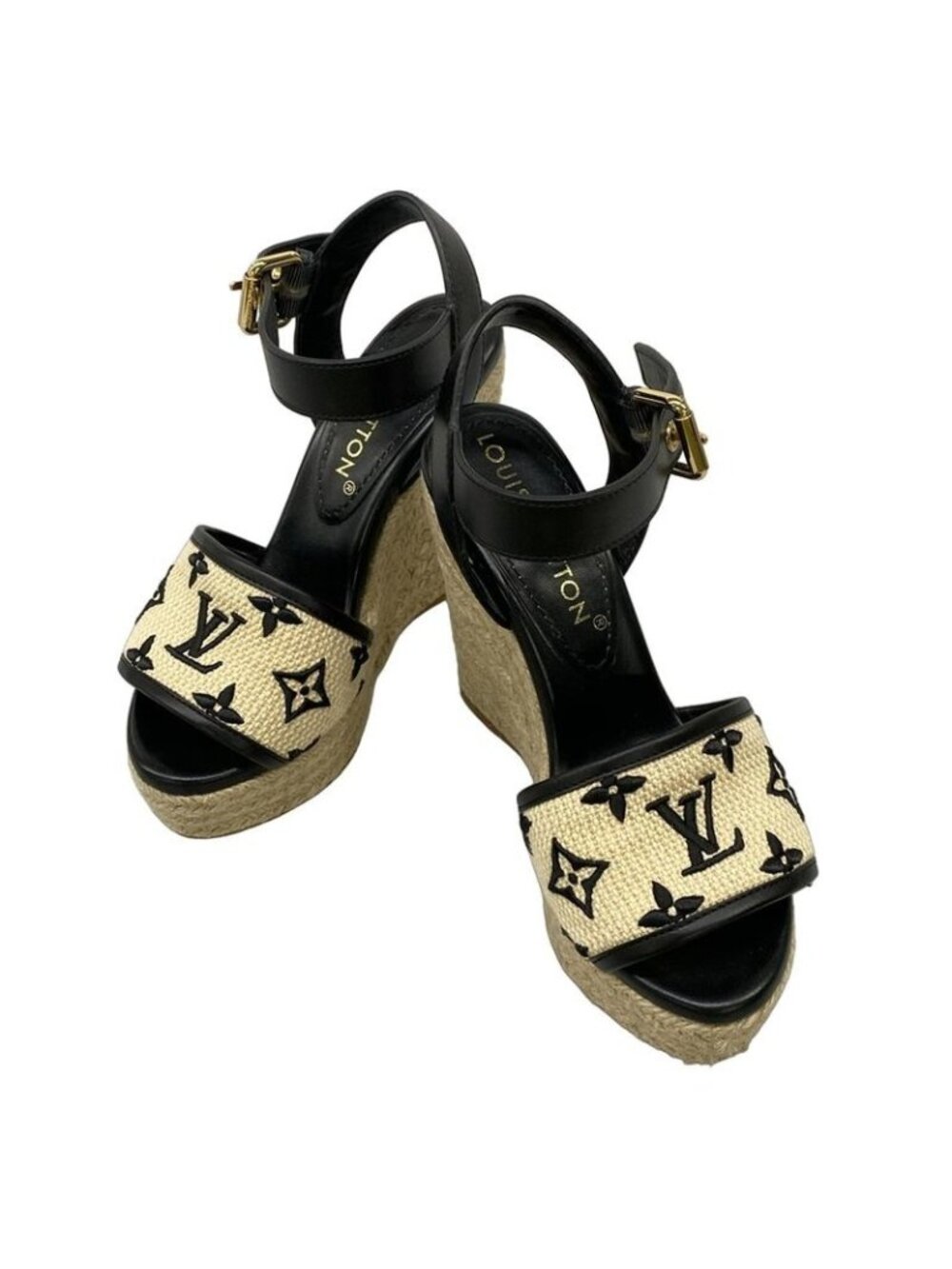 Louis Vuitton Sandals 35 Beige Black Wedge Sole Star Board - Picture 2 of 7